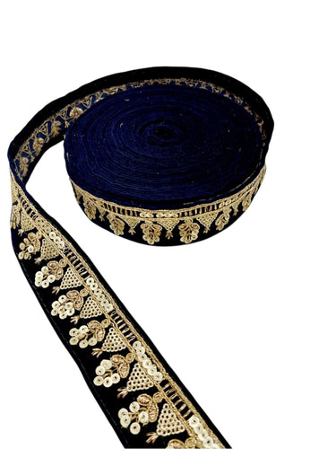 Floral Embroidered Velvet Fabric Sequins Trim Indian Sari Border, Sequin Trimming, Sequinned Lace